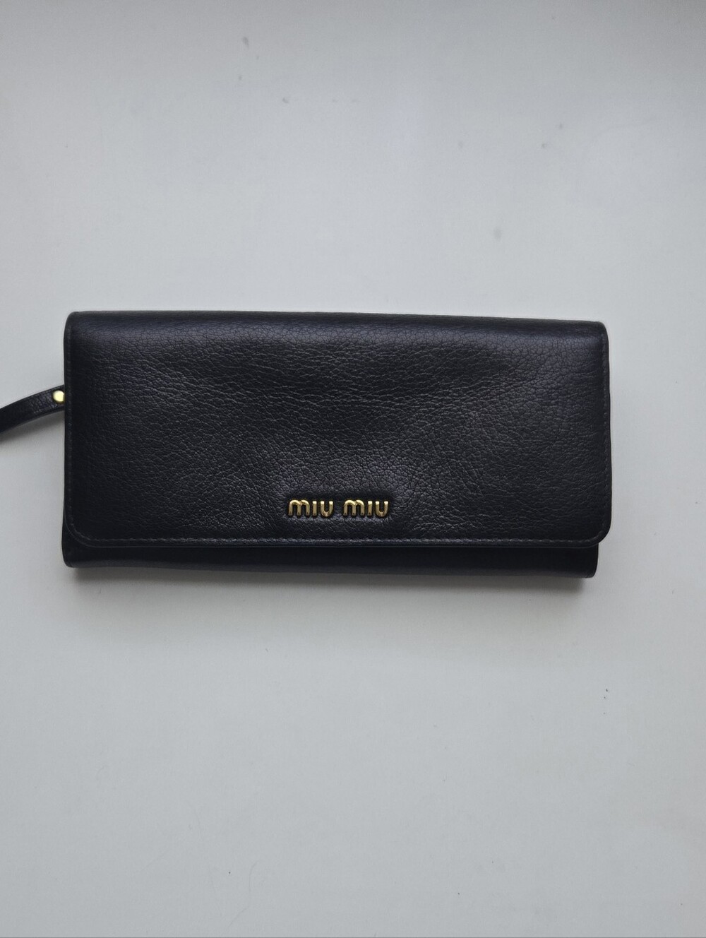 Miu Miu Black Leather Wristlet Wallet with Gold Logo